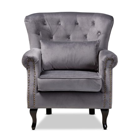 Baxton Studio Fletcher Traditional Grey Velvet Upholstered and Dark Brown Finished Wood Armchair 195-12443-ZORO